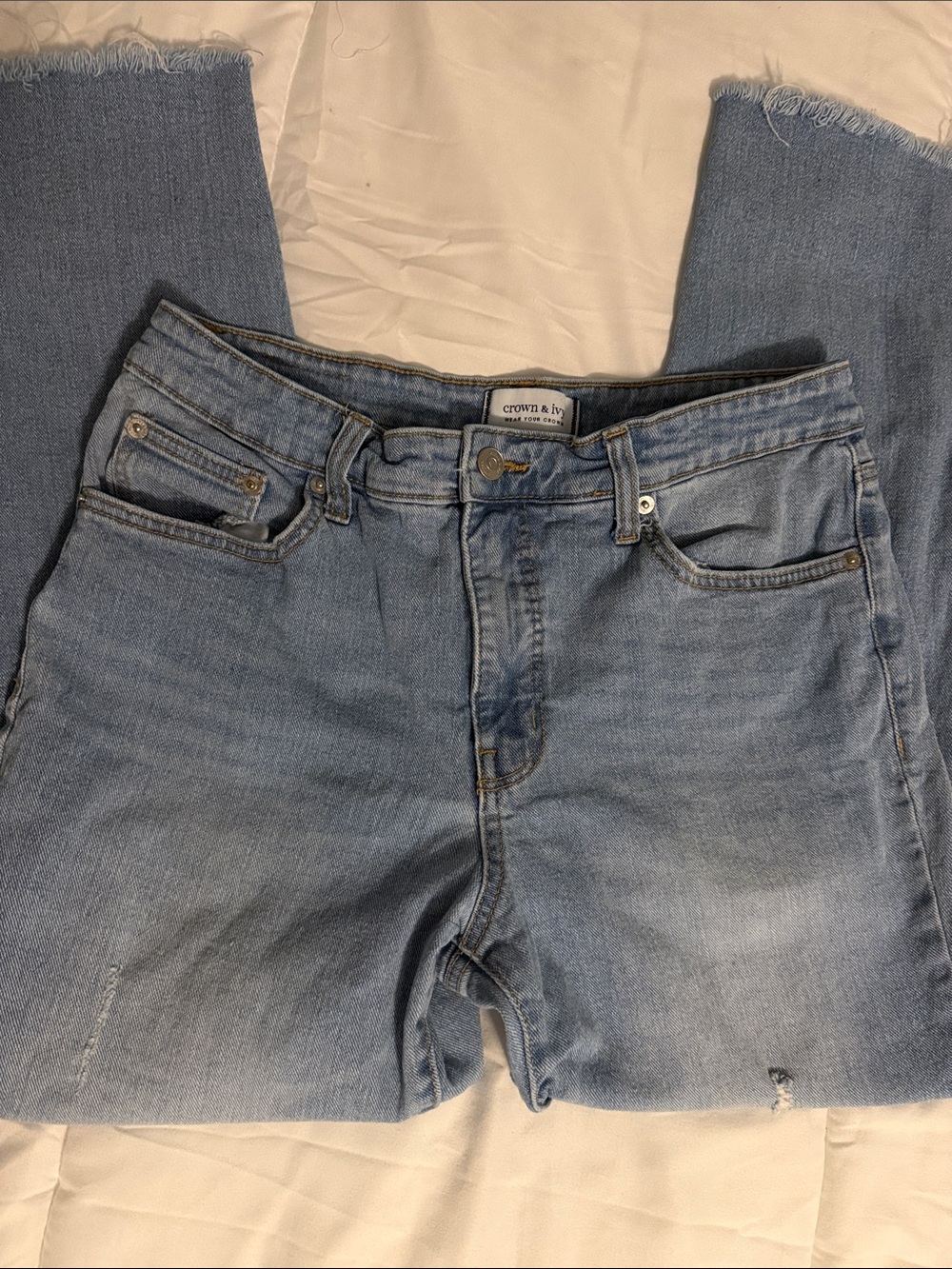 crown & ivy High Rise Light Blue Straight Leg Jeans with Frayed Hem